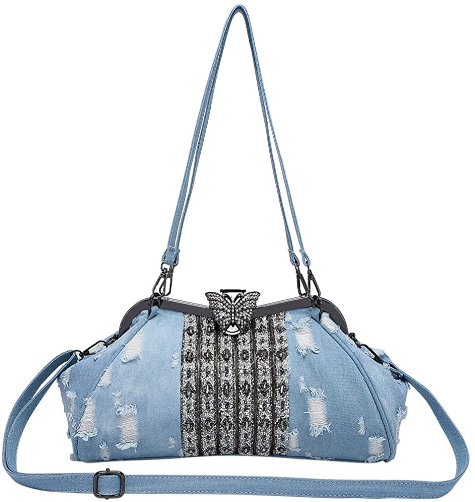 Price:$45.99 Modoker Jeans Handbags for Women, Bling Denim Purse, Rhinestone Top Handle Handbags with Detached Strap, Light Blue  Handbags   