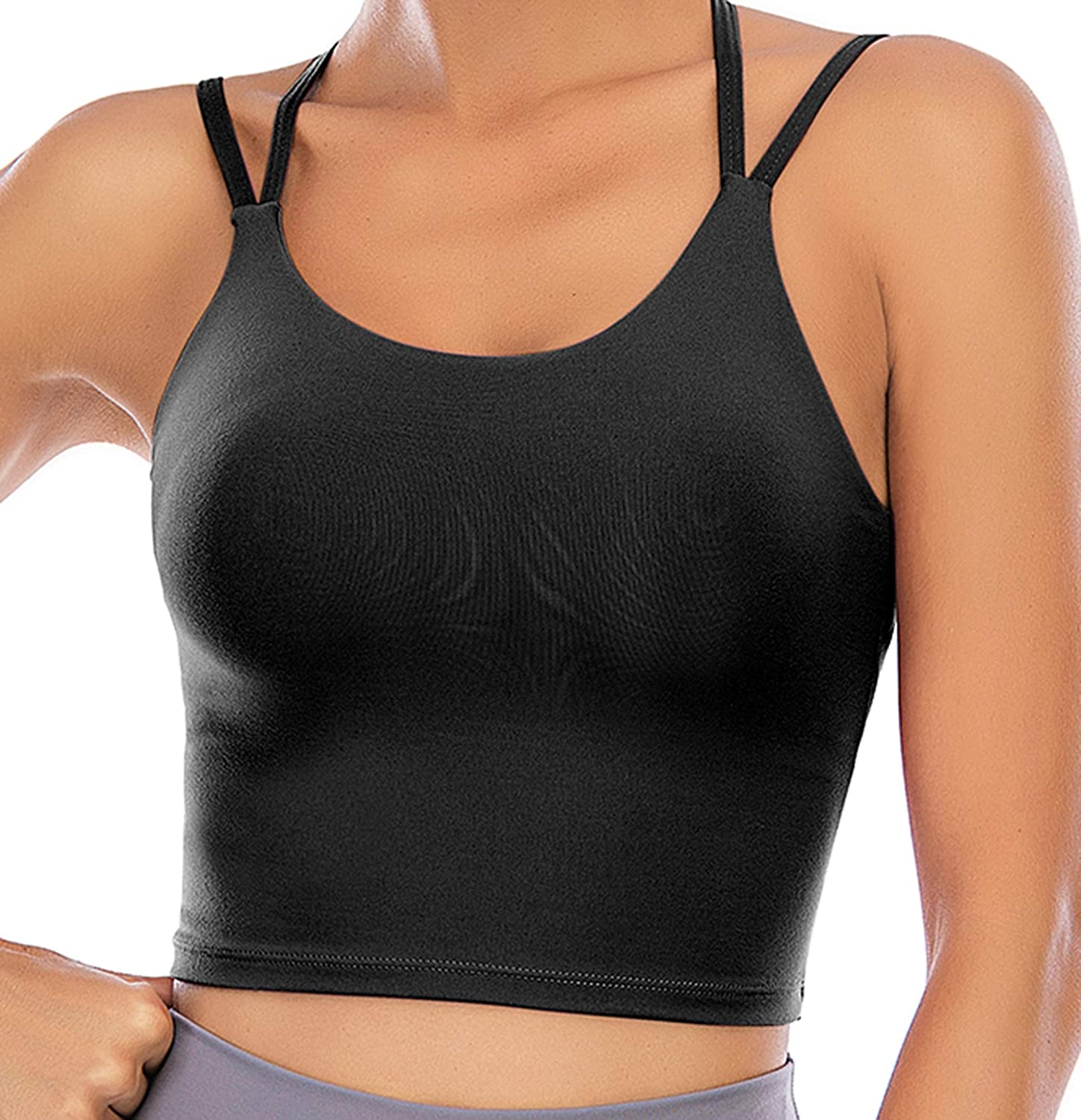 Price:$13.99 VORCY Womens Padded Sports Bra Fitness Workout Running Camisole Crop Top with Built in Bra at Amazon Women’s Clothing store