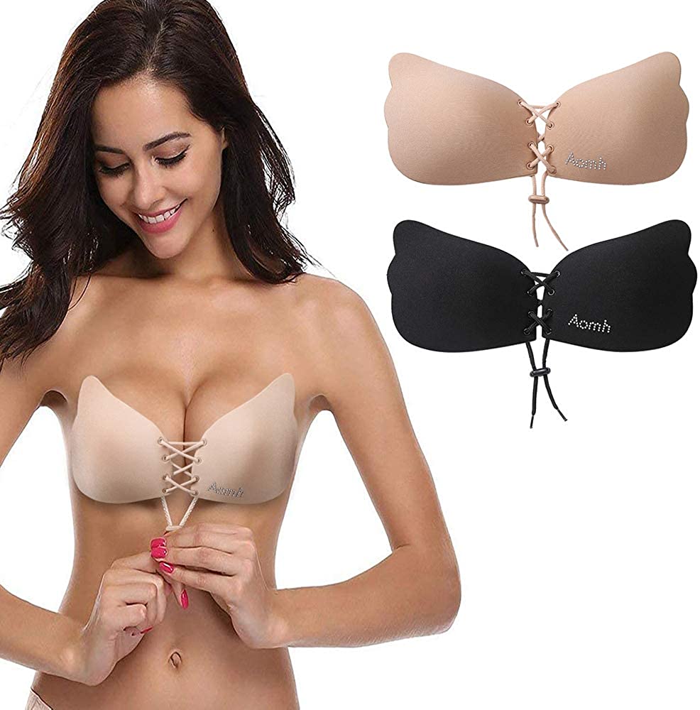 Price:$9.60 Aomh Invisible Adhesive Bra 2 Pack Sticky Bra Reusable Push up Invisible Women Bra Drawstring Silicone Bras… (B) Beige at Amazon Women’s Clothing store