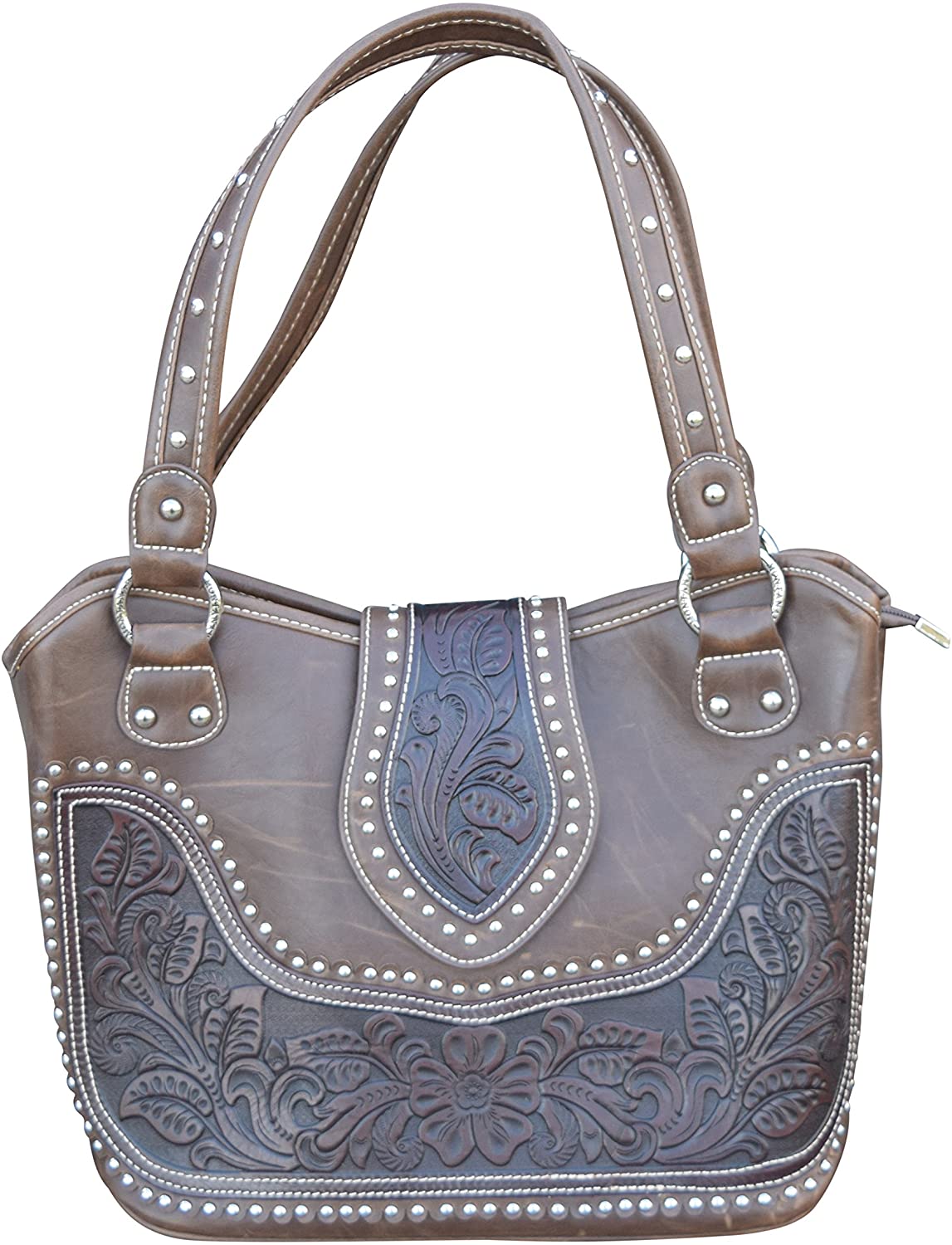 Price:$80.01 Womens Concealed Carry Shoulder Purse With Tooled Leather And Stud Accents (Dark Brown)  Handbags   