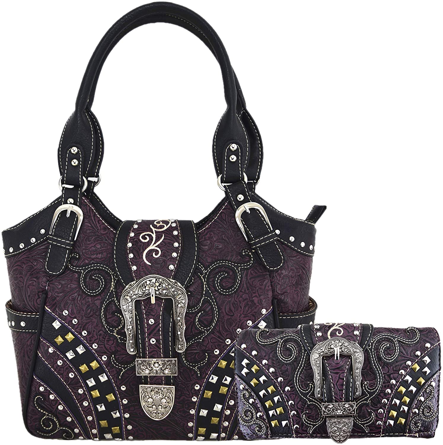 Price:$59.95 Western Style Tooled Leather Buckle Concealed Carry Purse Country Handbag Women Shoulder Bag Wallet Set (#2 Purple Set)  Handbags   