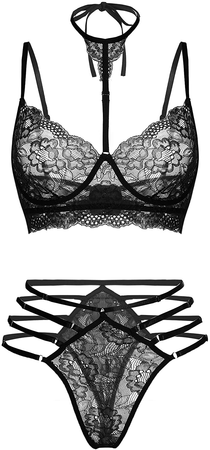 Price:$16.89    GEESENSS Women's V Neck 2 Piece Lace Slutty Teddy Babydoll Lingerie Sets Black  Clothing