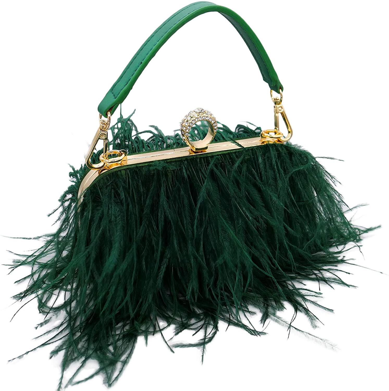 Price:$42.99 Komii Women Fluffy Ostrich Feather Evening Dress Clutch Bag Purse Shoulder Bag (Green)  Handbags   