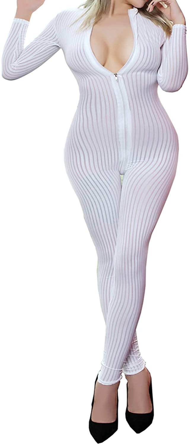 Price:$18.98 L04BABY Stripe Double Zipper High Elastic Bodysuit Nightclub Performance Uniform at Amazon Women’s Clothing store
