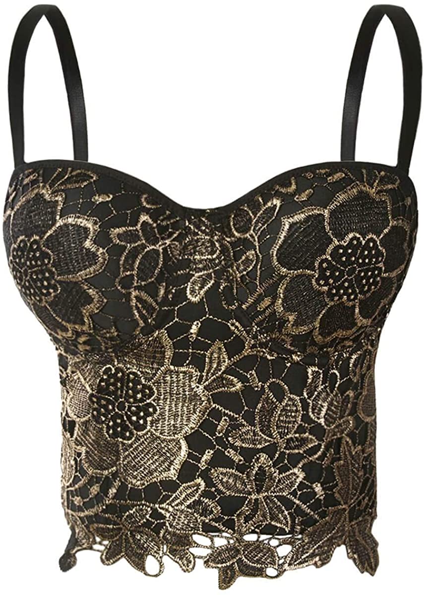 Price:$19.99 She'sModa Women's Froal Lace Bustier Corset Club Party Crop Top Bra Vest with Adjustable and Removable Straps (Medium/US4, Black&Gold) at Amazon Women’s Clothing store