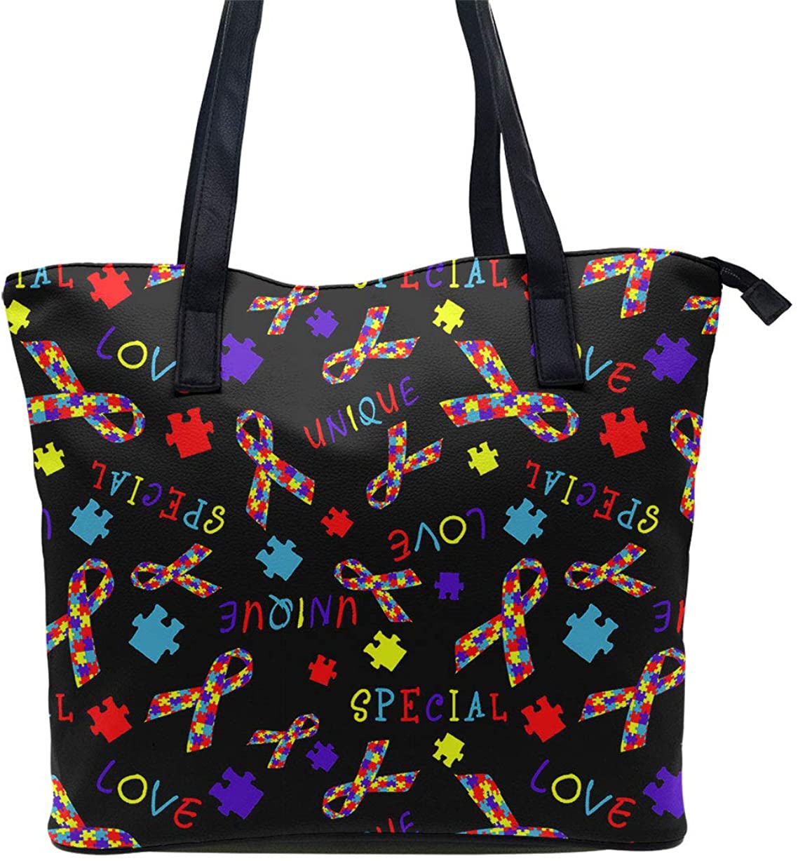 Price:$25.99    Novelty Fashion Women Handbag Tote Shoulder Bag Purse with Long Handle for Work School Shopping - Autism Awareness Love  Clothing
