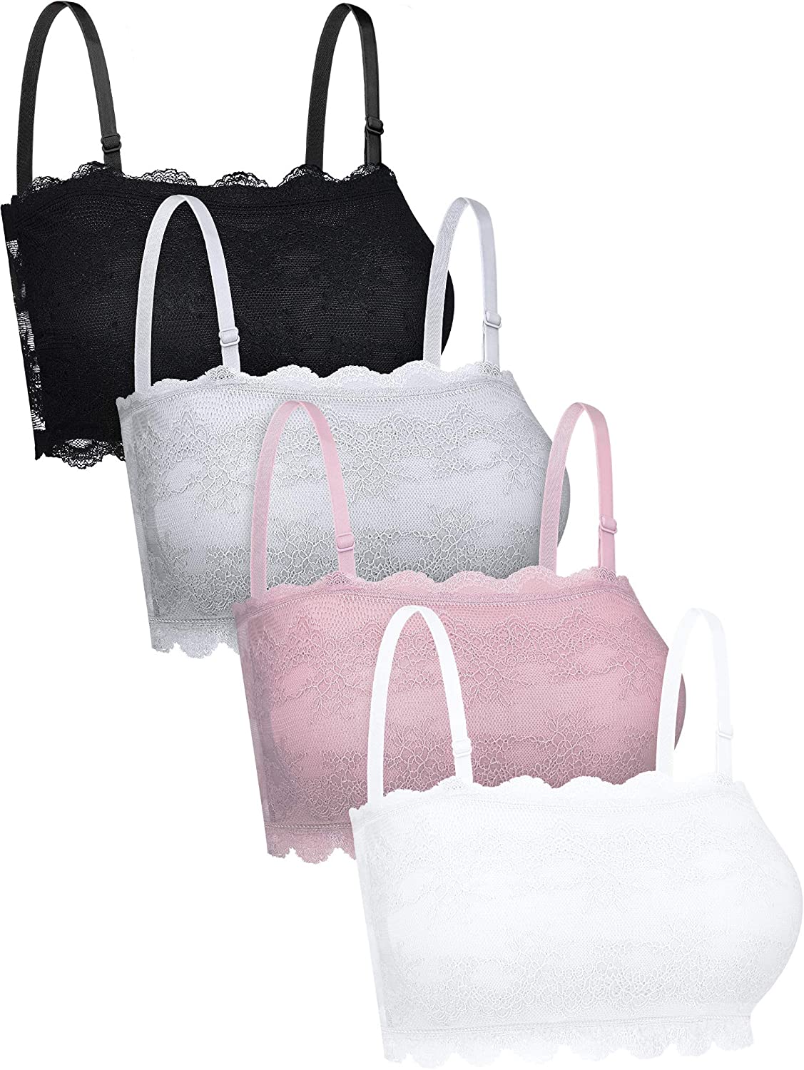 Price:$21.99 4 Pieces Women Lace Bra Floral Lace Bralette with Adjustable Straps (White, Pink, Grey, Black) at Amazon Women’s Clothing store