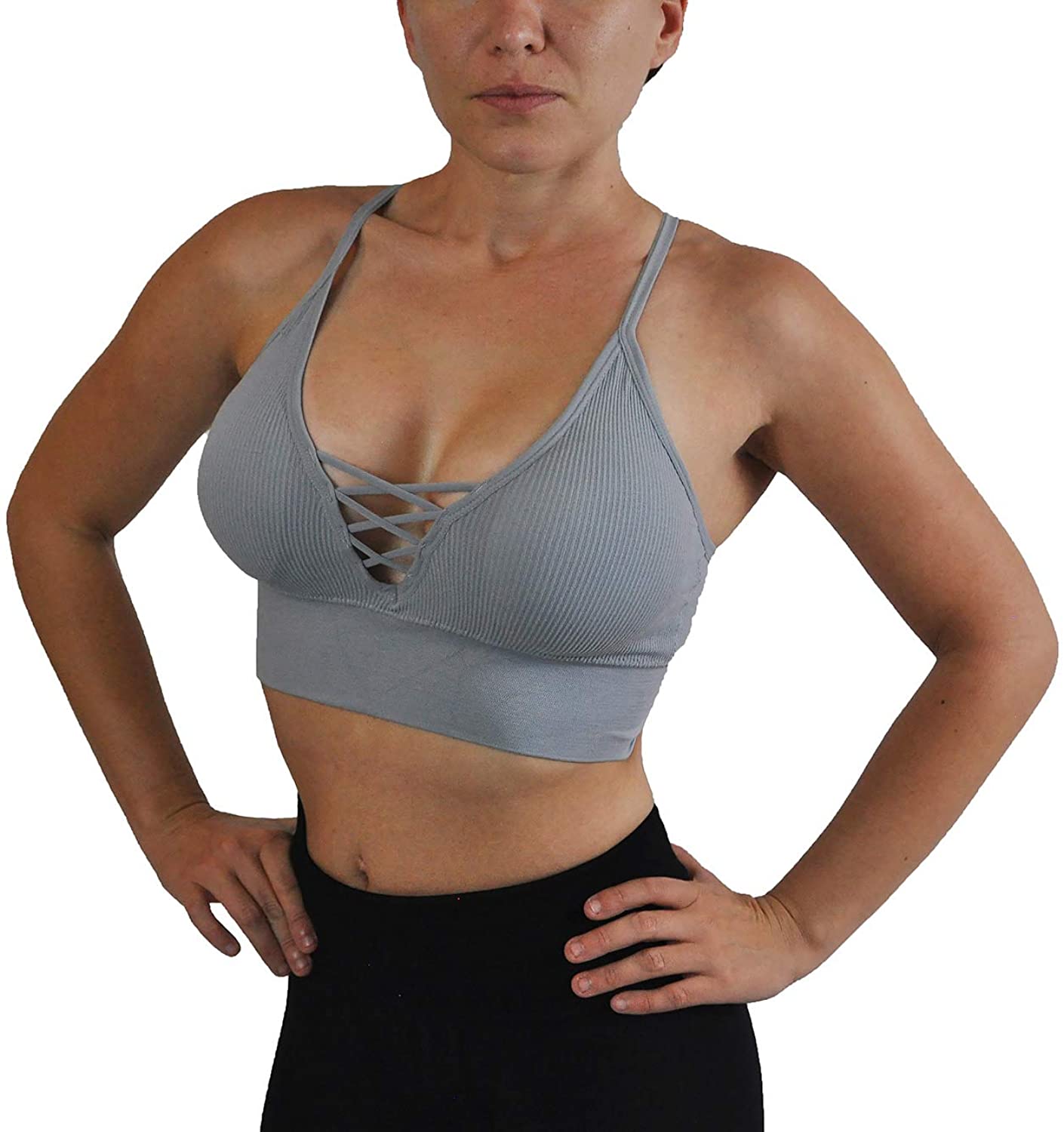 Price:$15.99 In The Cut Fitness Knit bralette Crop Top V - Neckline Spaghetti Straps Open Cross Back Front Detail at Amazon Women’s Clothing store