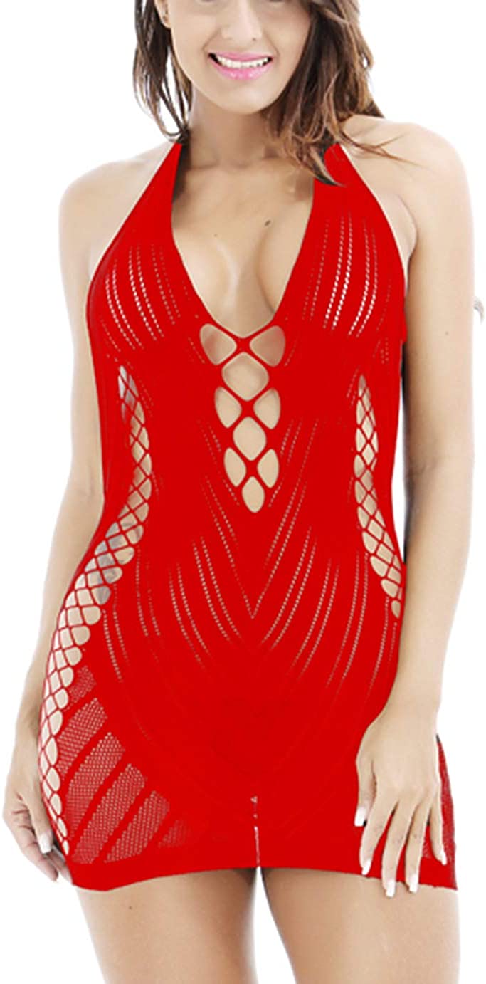 Price:$6.99    Woosifun Women Fishnet Babydoll Lingerie Chemise Halter Nightwear Mini Teddy Dress One Size Red  Clothing