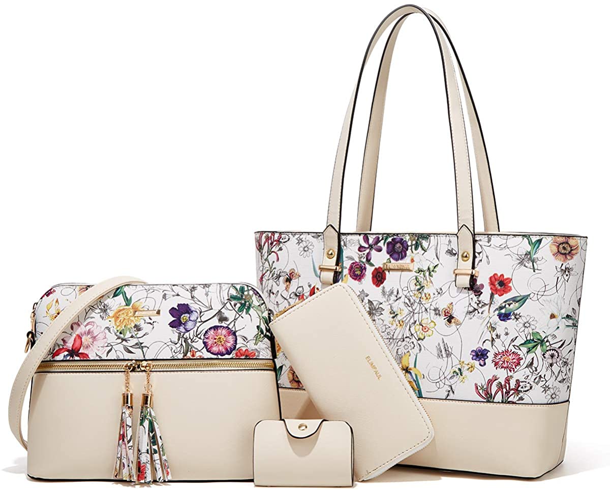 Price:$41.99    Women Fashion Handbags Tote Bag Shoulder Bag Top Handle Satchel Purse Set 4pcs (Beige-Flower-01)  Clothing