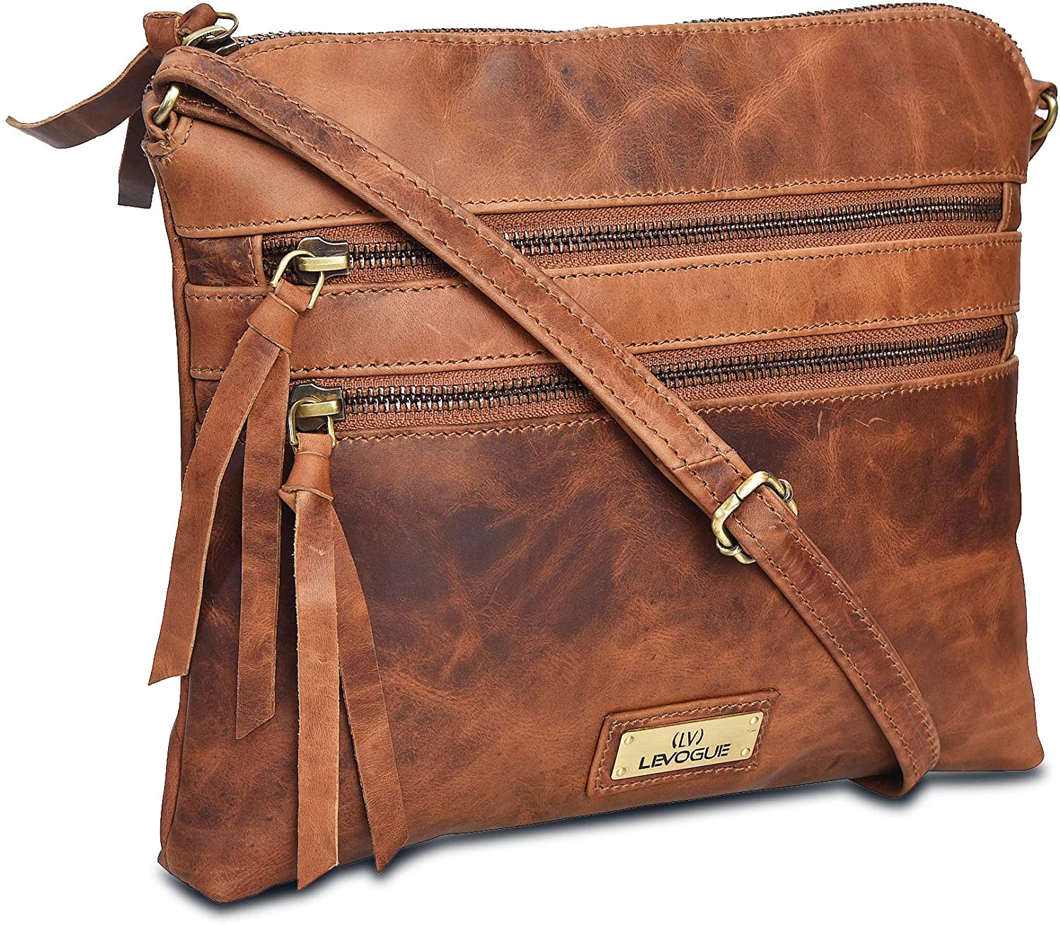 Price:$34.99 Genuine Leather Crossbody Handbag for Women - Shoulder bag for Womens Handmade by LEVOGUE (COGNAC VINTAGE)  Handbags   