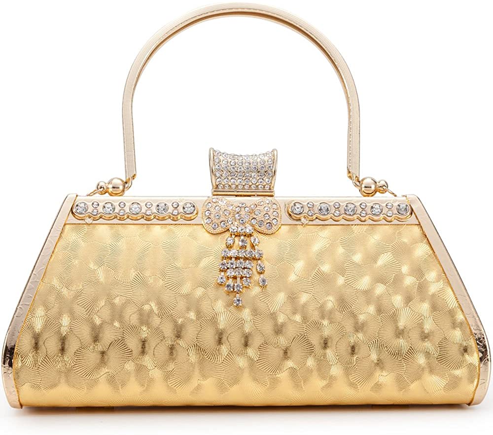 Price:$19.99 LONGBLE Women Clutch Bag Rhinstone Bowkont and Tassels Decorative Sparkling Vintage Classic Evening Shoulder Bag Girls Ladies Gold Elegant Compact Handbag Purse For Weddings Parties Ceremony (Gold)  Handbags   