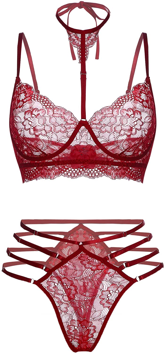 Price:$16.89    GEESENSS Women Deep V 2 Piece Lace Embroidery Teddy Babydoll Red Lingerie  Clothing