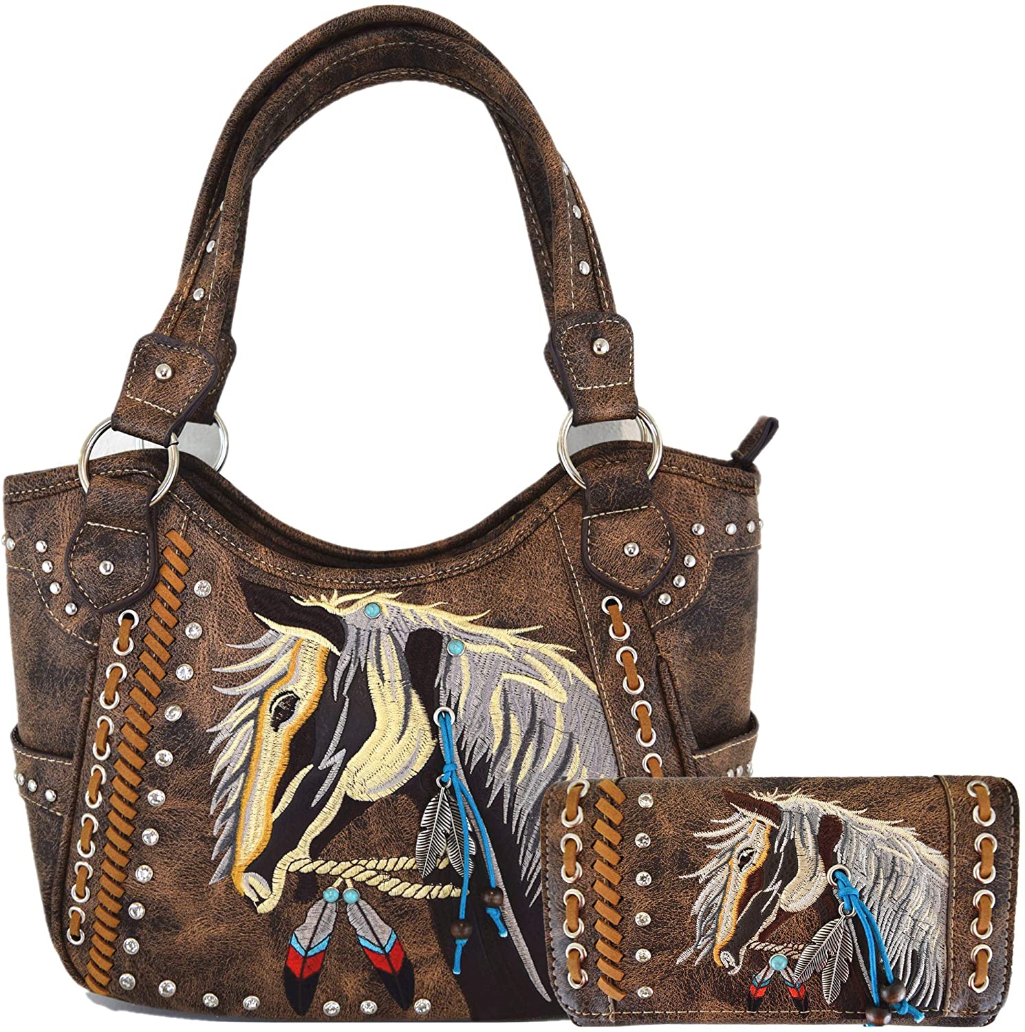 Price:$59.95    Tooled Leather Laser Cut Concealed Purse Horse Country Western Cowgirl Handbags Shoulder Bags Wallet Set (#2 Brown Set)  Clothing