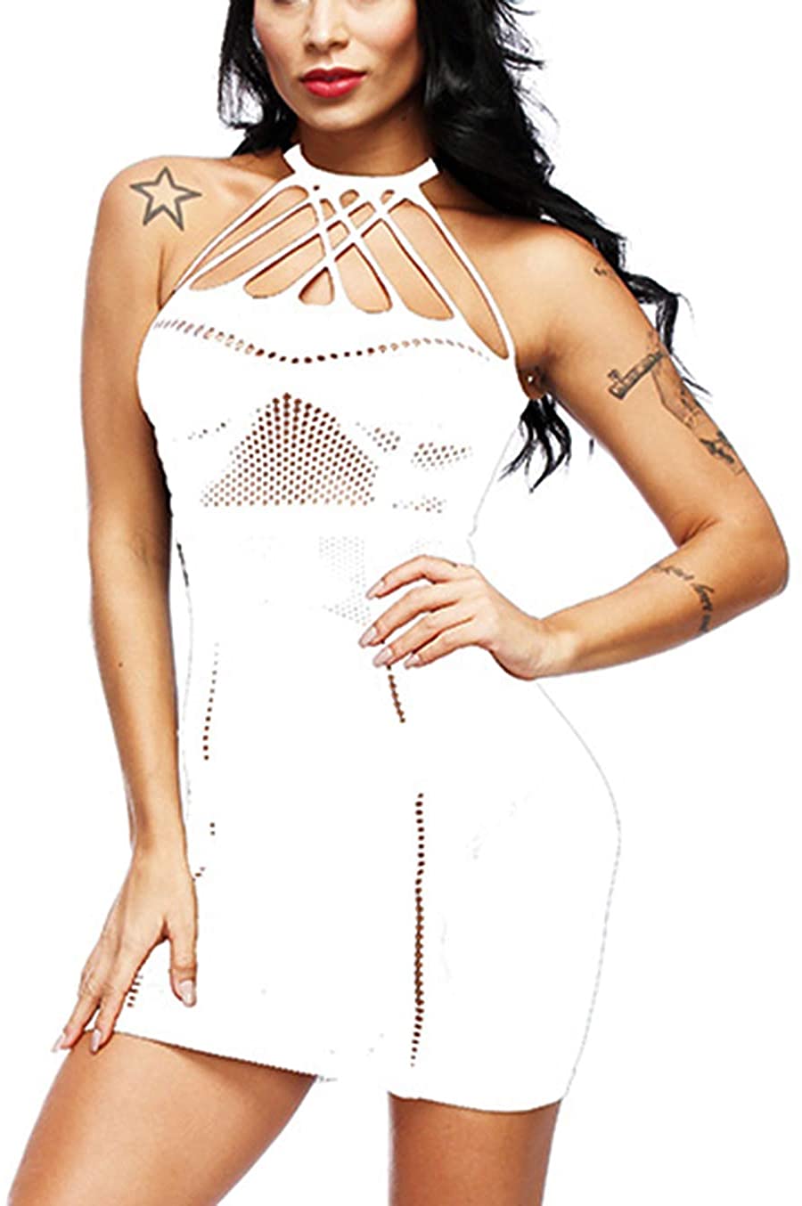 Price:$4.99    Woosifun Women Fishnet Lingerie Babydoll Halter Stretch Chemise Teddy Bodysuit One Size Mini Dress One Piece White  Clothing