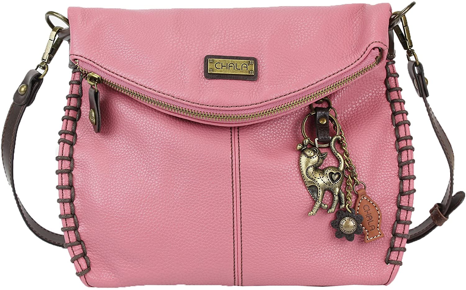Price:$54.50 Chala Charming Crossbody Bag With Flap Top | Flap and Zipper Cross-Body Purse or Shoulder Handbag with Metal Chain - Pink - Slim Cat  Handbags   