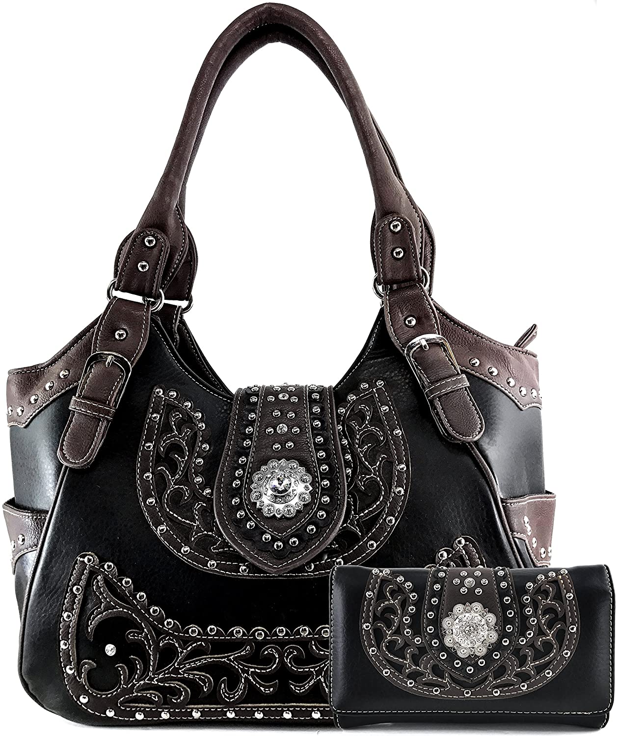 Price:$59.85 Justin West Concealed Carry Laser Cut Leather Floral Embroidery Rhinestone Berry Concho Studded Shoulder | Tote | Handbag Purse | Messenger Crossbody | Trifold Wallet (Black Concho Purse Wallet Set)  Handbags   