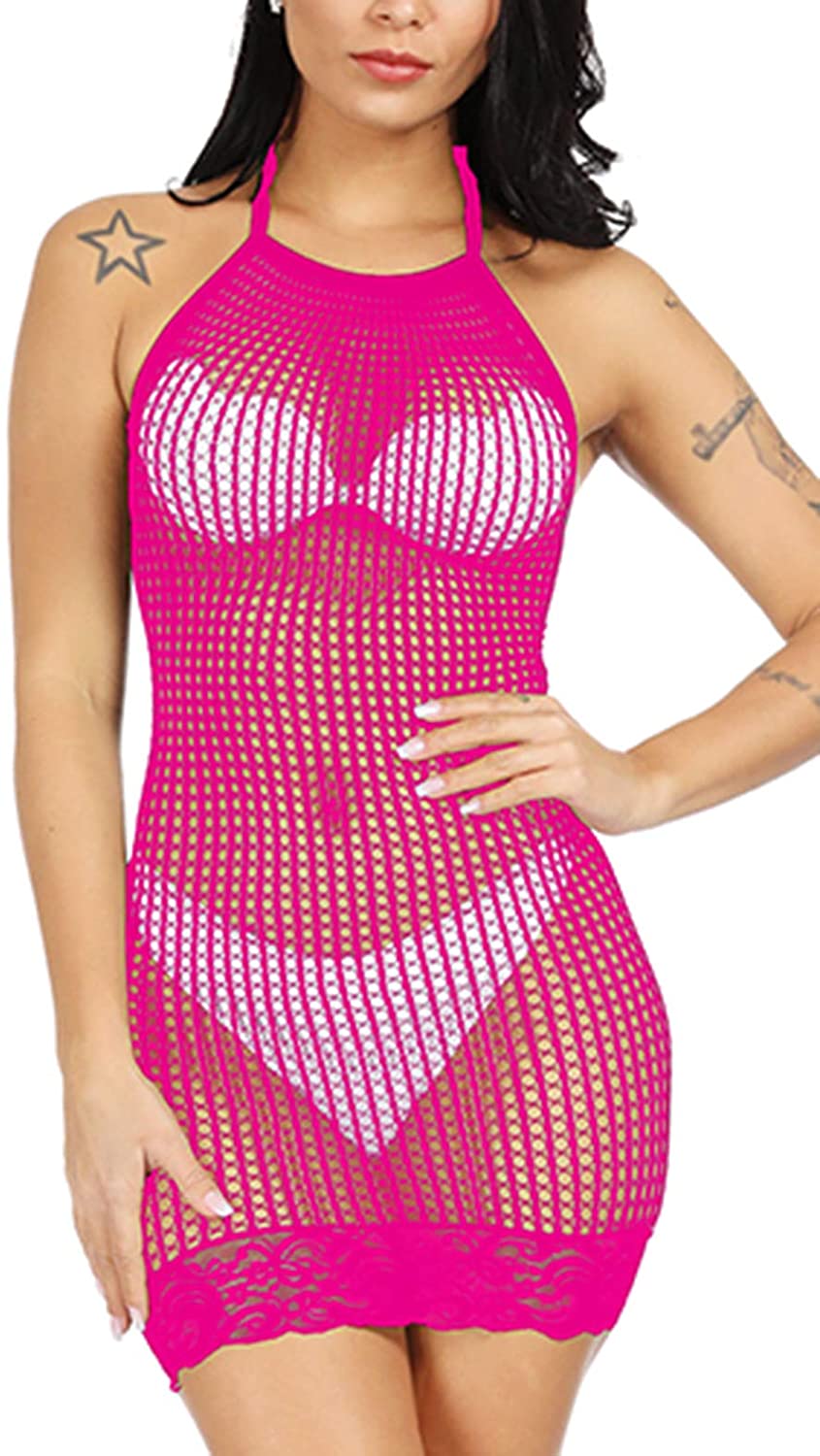 Price:$6.99    Woosifun Women Halter Fishnet Babydoll Lingerie Chemise Nightwear Mini Teddy Dress One Size One Piece Rose Red  Clothing