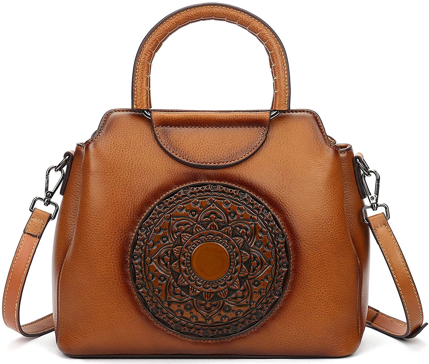 Price:$96.99    Genuine Leather Handbags for Women Organizer Medium Satchel Vintage Embossing Mandala Design Totem Shoulder Bag Handmade Crossbody Bag  Clothing