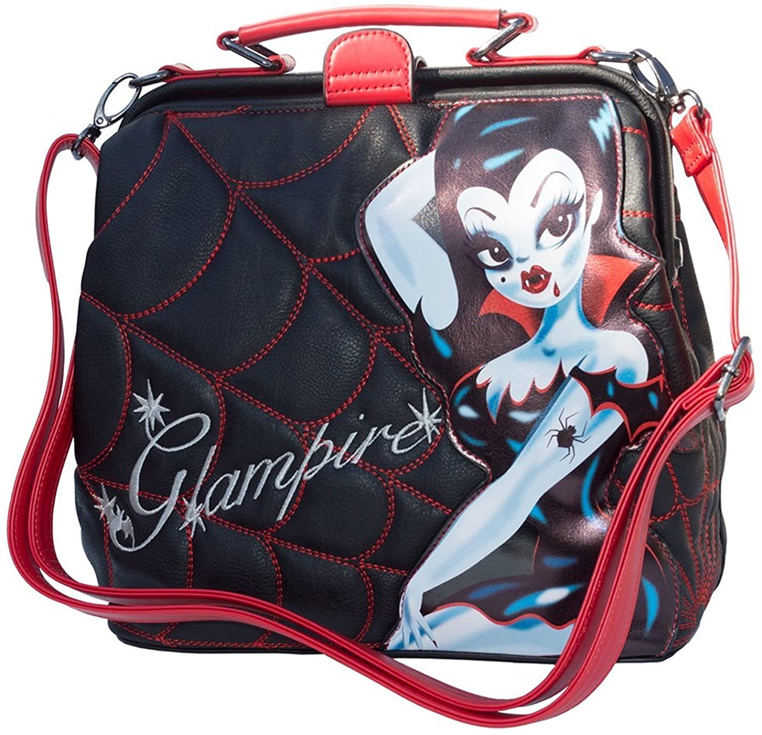 Price:$44.95 Kreepsville Glampire Miss Fluff Vampire Spider Web Crossbody Shoulder Bag Purse, Black, Medium  Handbags   