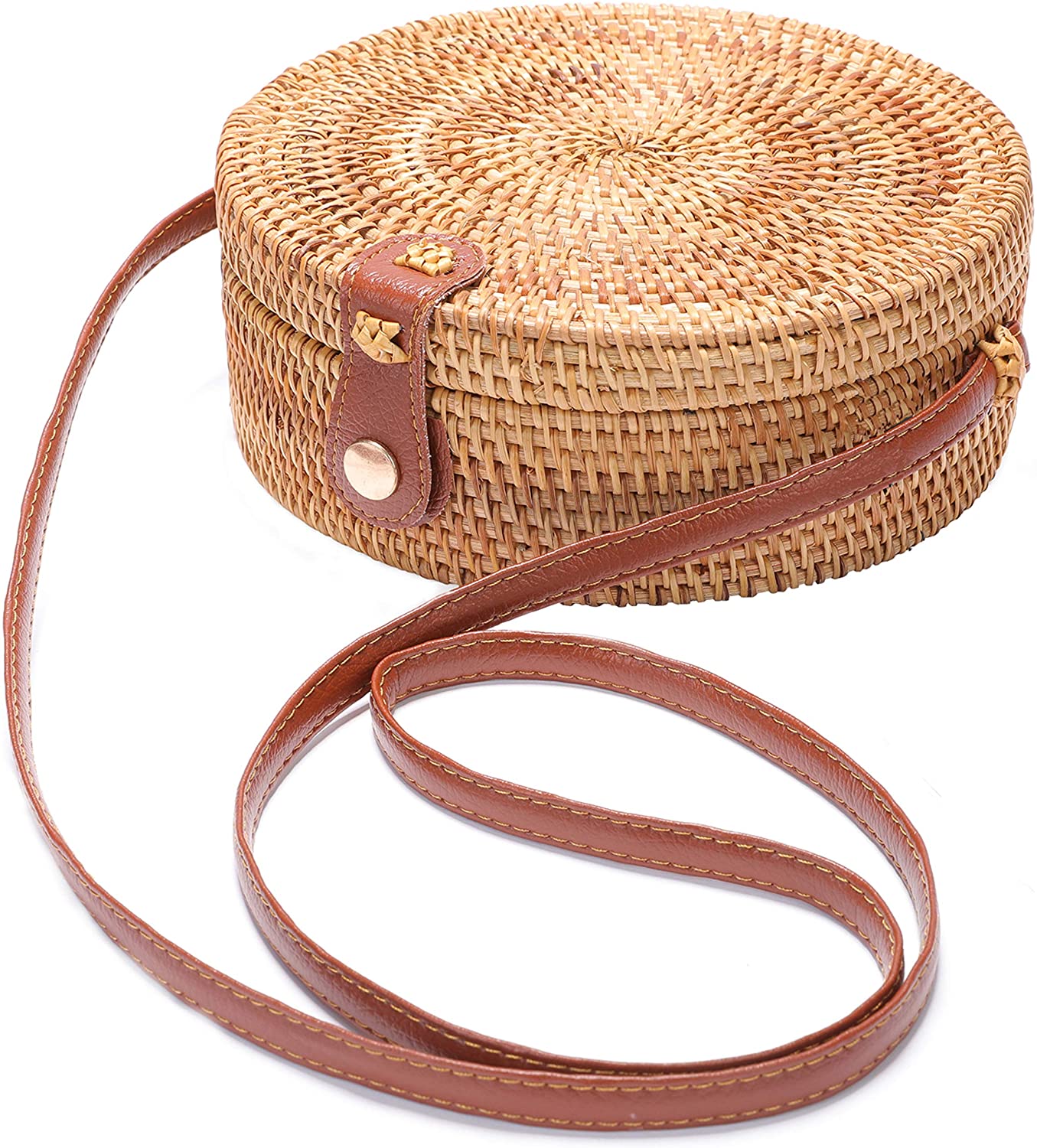 Price:$19.99 Handwoven Round Rattan Bag Shoulder Leather Straps Natural Chic Hand  Handbags   