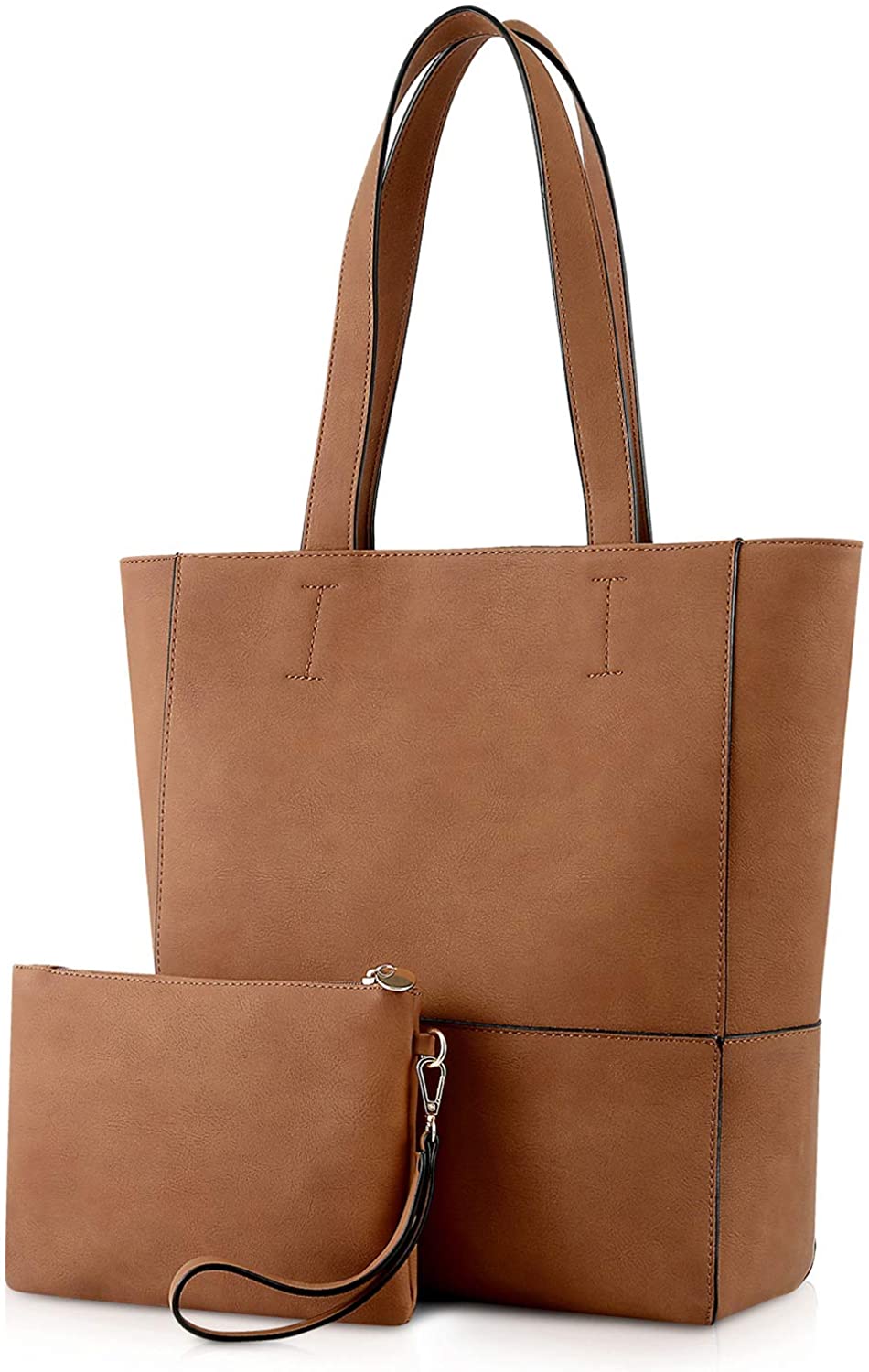 Price:$21.59    Plambag Vegan Leather Tote, Women's Faux Leather Purse Handbag for Work Office, with Removable Wrist Bag(Brown)  Clothing