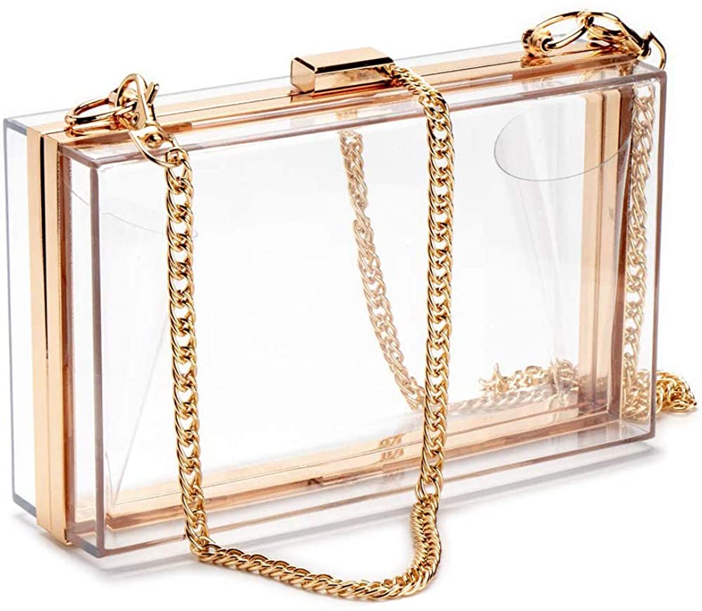 Price:$18.89 LinkIdea Clear Purse Acrylic Box Evening Clutch Bag Transparent Stadium Approved Crossbody Shoulder Handbag for Women, fits Sporting Events, School Prom, Fest & Concerts (2 Gold Chains)  Handbags   