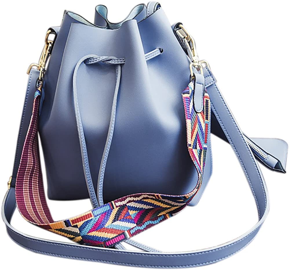 Price:$31.99 Women's PU Leather Drawstring Bucket Bag Crossbody Bag Shoulder Bag Purse With Colorful Strap  Handbags   