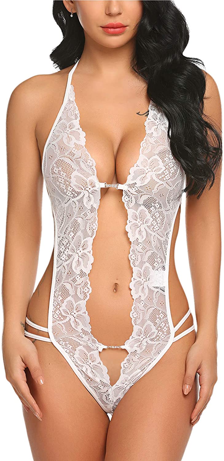 Price:$12.99    Avidlove Womens Sexy Lace Babydoll Lingerie V Neck Halter Teddy Bodysuit White Small  Clothing