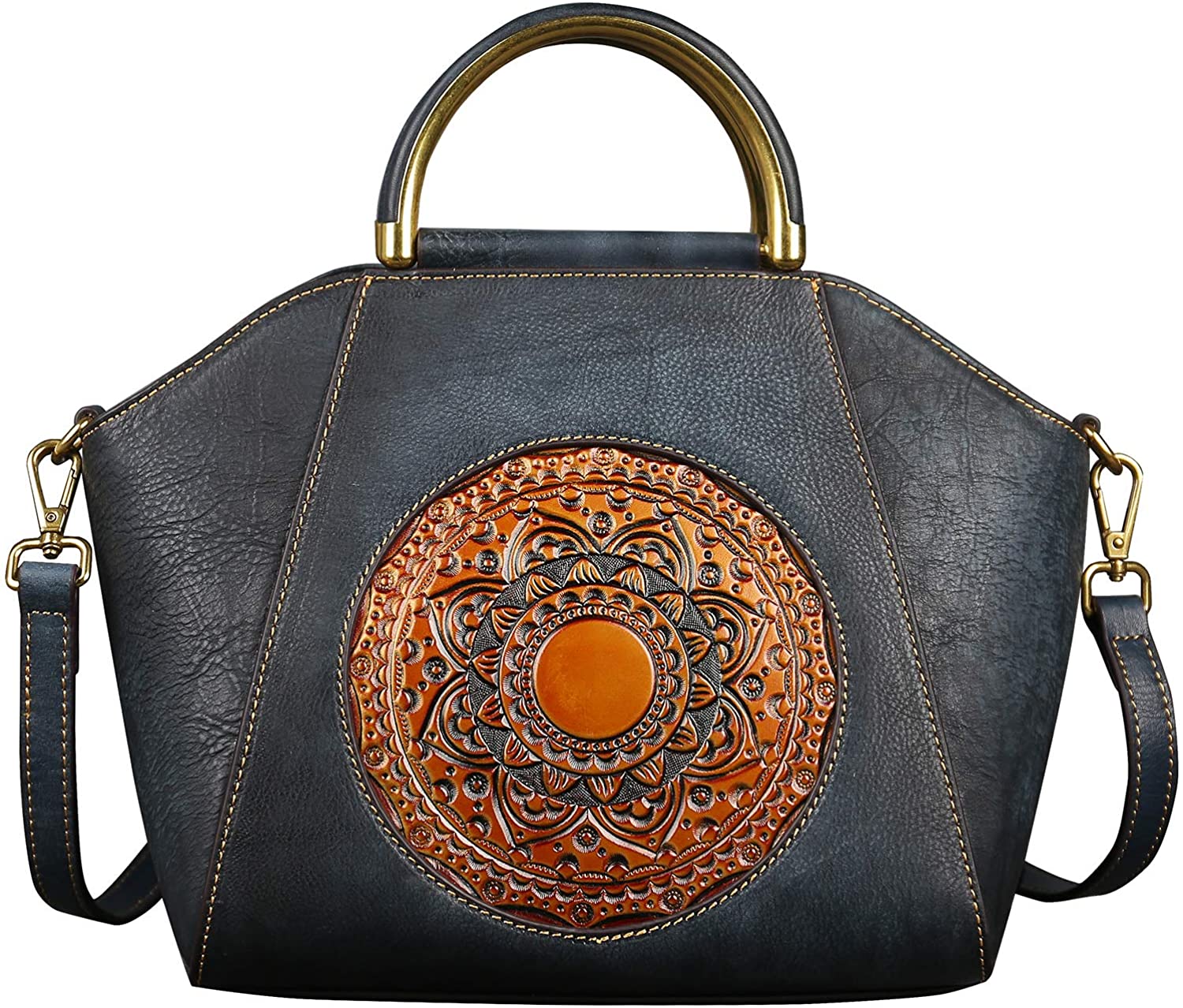 Price:$96.99    Genuine Leather Handbags for Women, Organizer Top Handle Medium Satchel Vintage Handmade Embossing Mandala Design Totem Shoulder Tote Bag(Grey)  Clothing