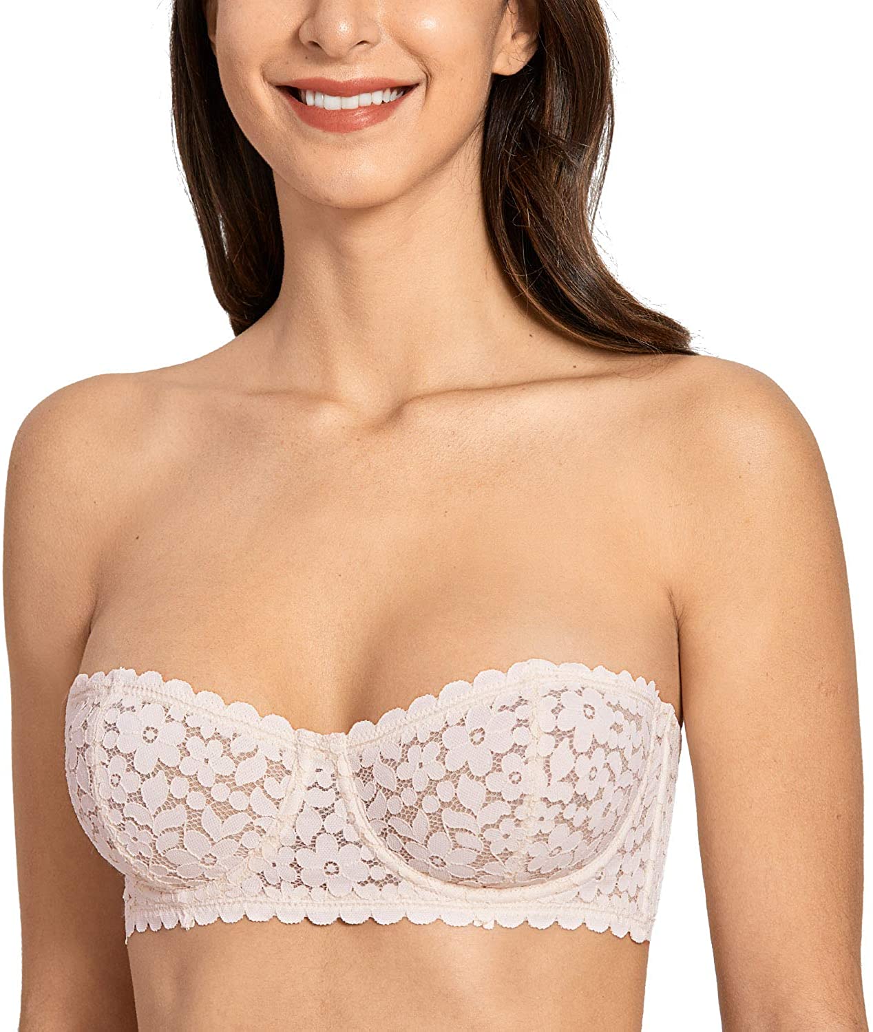 Price:$19.99 DOBREVA Women's Lace Strapless Balconette Bandeau Tube Top Unlined Underwire Bra at Amazon Women’s Clothing store