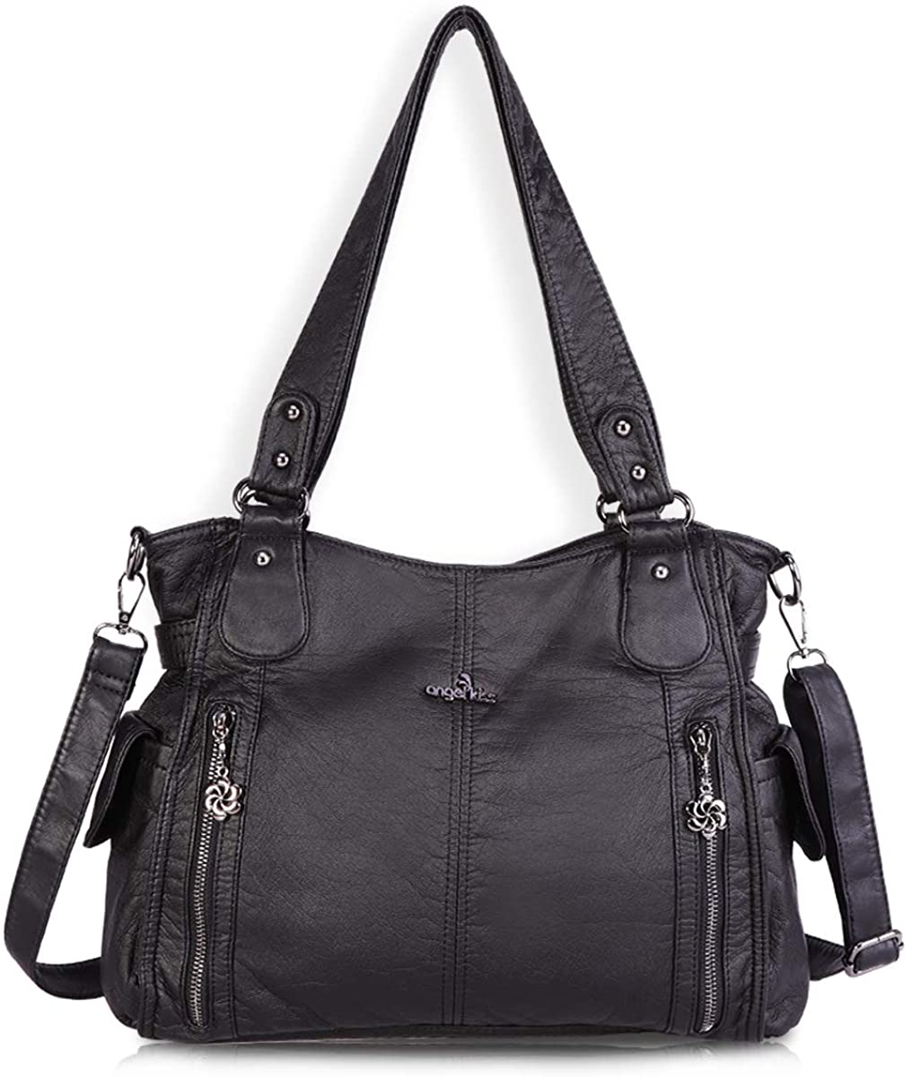 Price:$39.99    Women Handbags Shoulder Bags Washed Leather Satchel Tote Bag Mutipocket Purse (1193-2 Black)  Clothing
