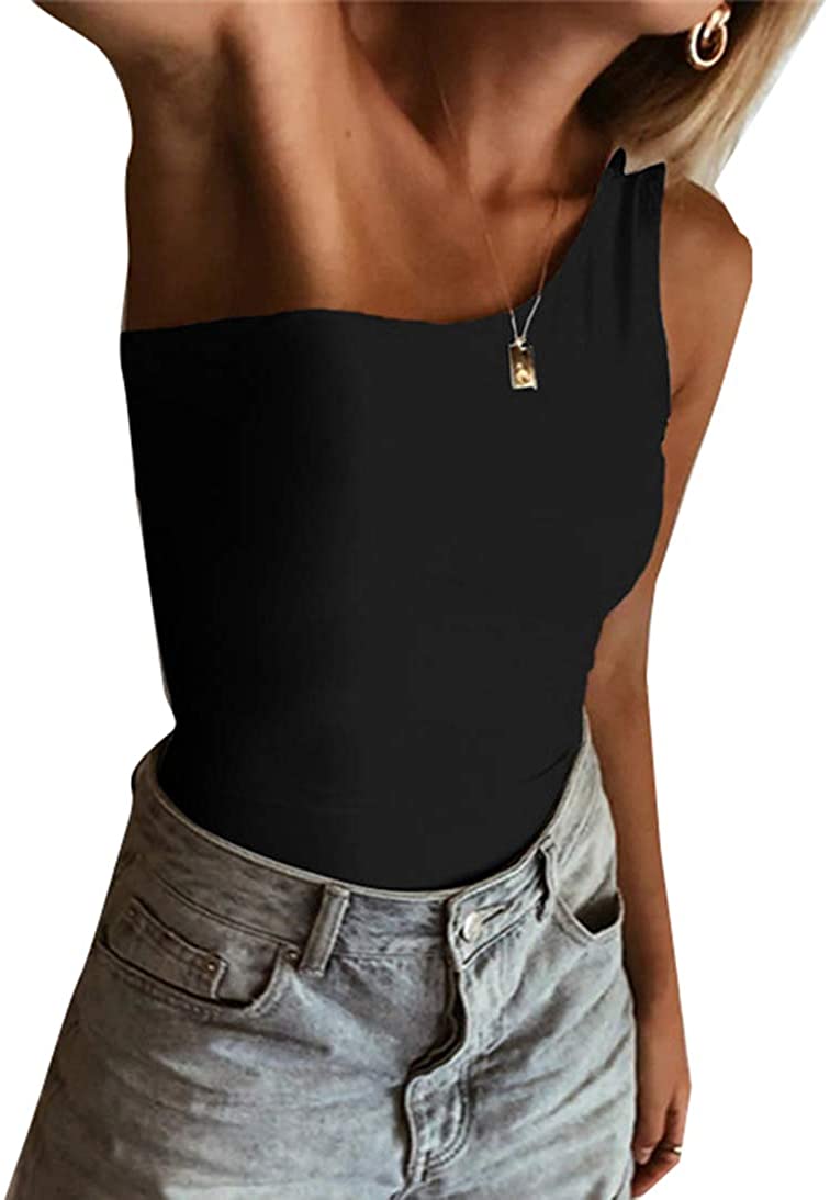 Price:$15.99 PALINDA Women's Sexy One Shoulder Solid Sleeveless Bodysuit Stretchy Leotard Top at Amazon Women’s Clothing store