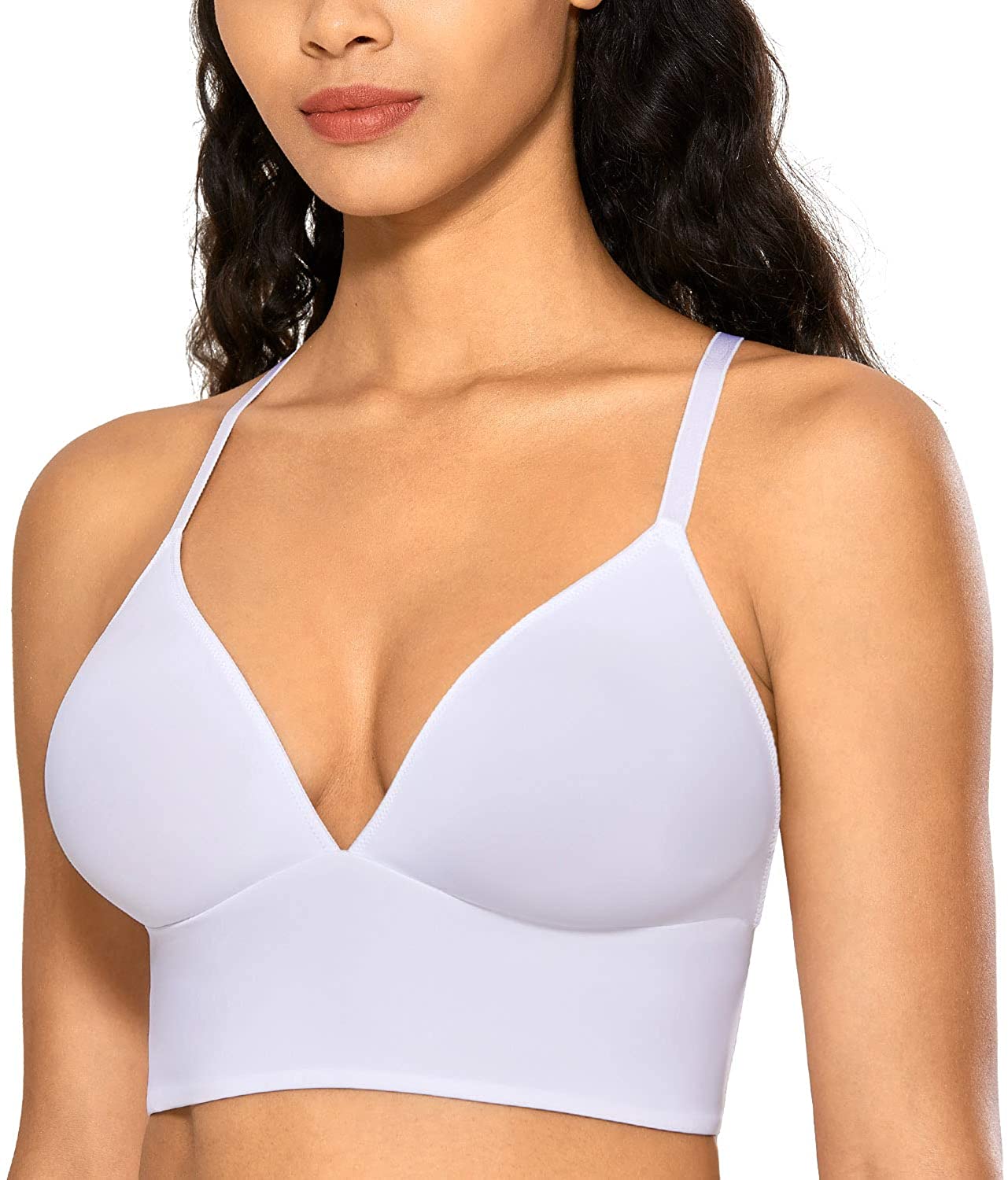 Price:$17.95 DOBREVA Women's Soft Pullover Bralette Triangle Pads Wireless Plunge Bra at Amazon Women’s Clothing store