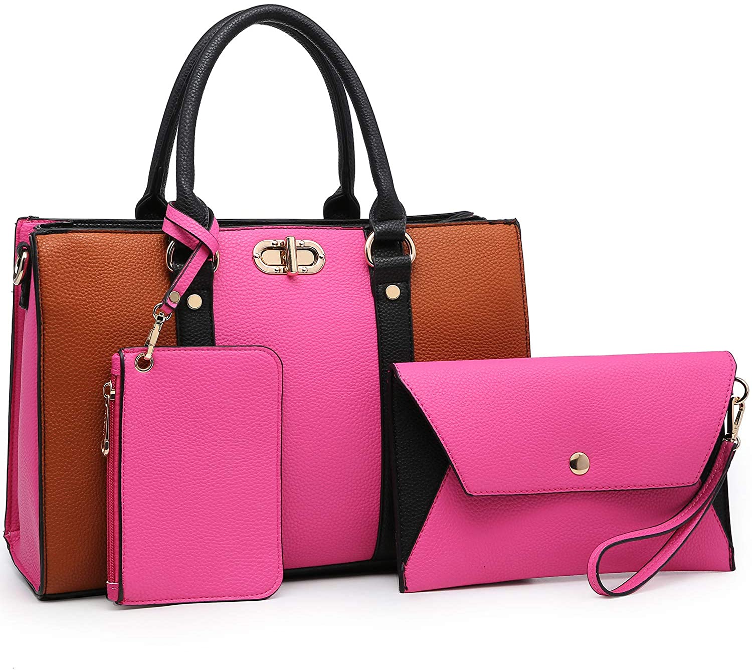 Price:$38.99    Women Fashion Two Tone Medium Handbags Top Handle Satchel Purse Shoulder Bag with Wallet and Wristlet 3pcs Purse Set (Fuchsia/Brown)  Clothing