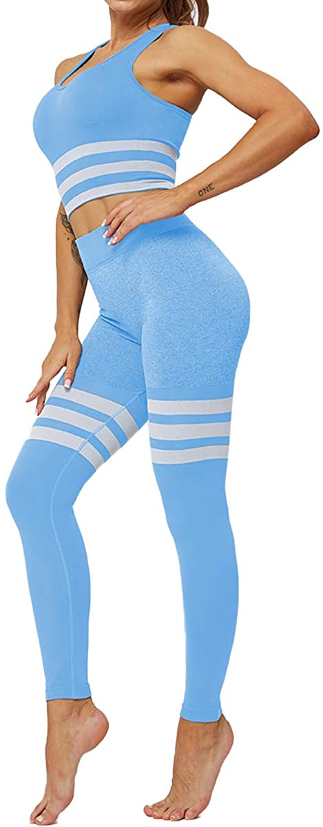 Price:$27.99 HAODIAN Women's Striped Yoga Outfits 2 Piece High Waist Quick-drying Stretch Gym Clothes Sets (Skyblue, S) at Amazon Women’s Clothing store