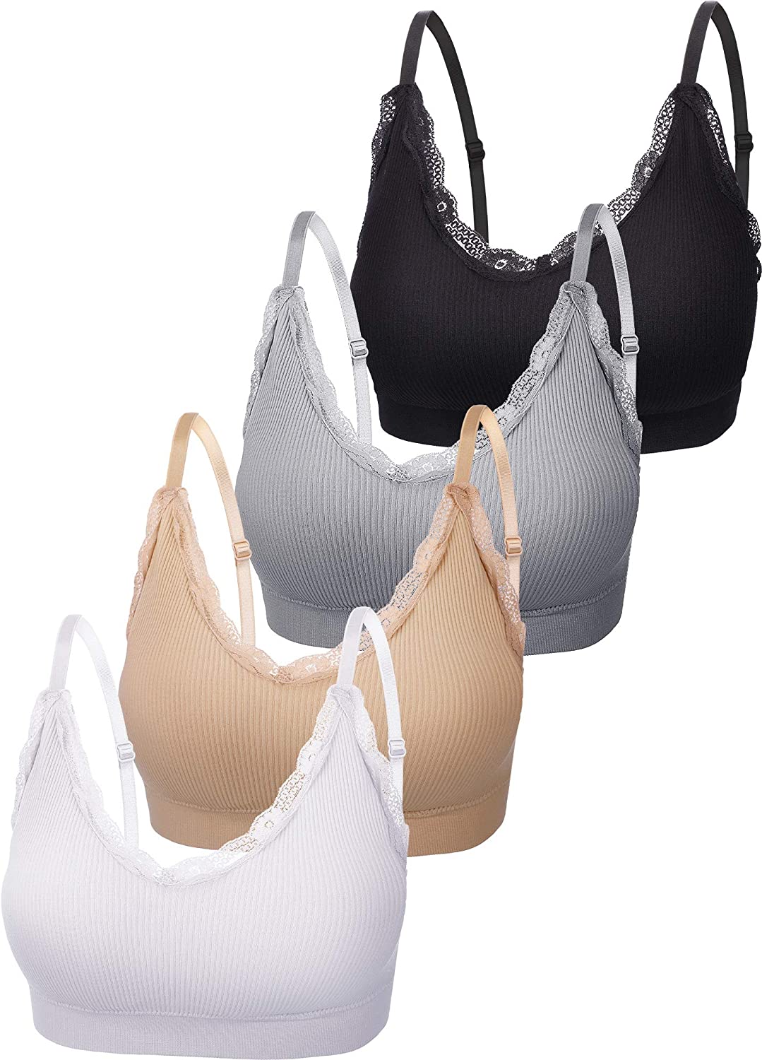 Price:$20.99 4 Pieces V Neck Cami Bra Padded Seamless Bralette Straps Sleeping Bra for Women Girls at Amazon Women’s Clothing store