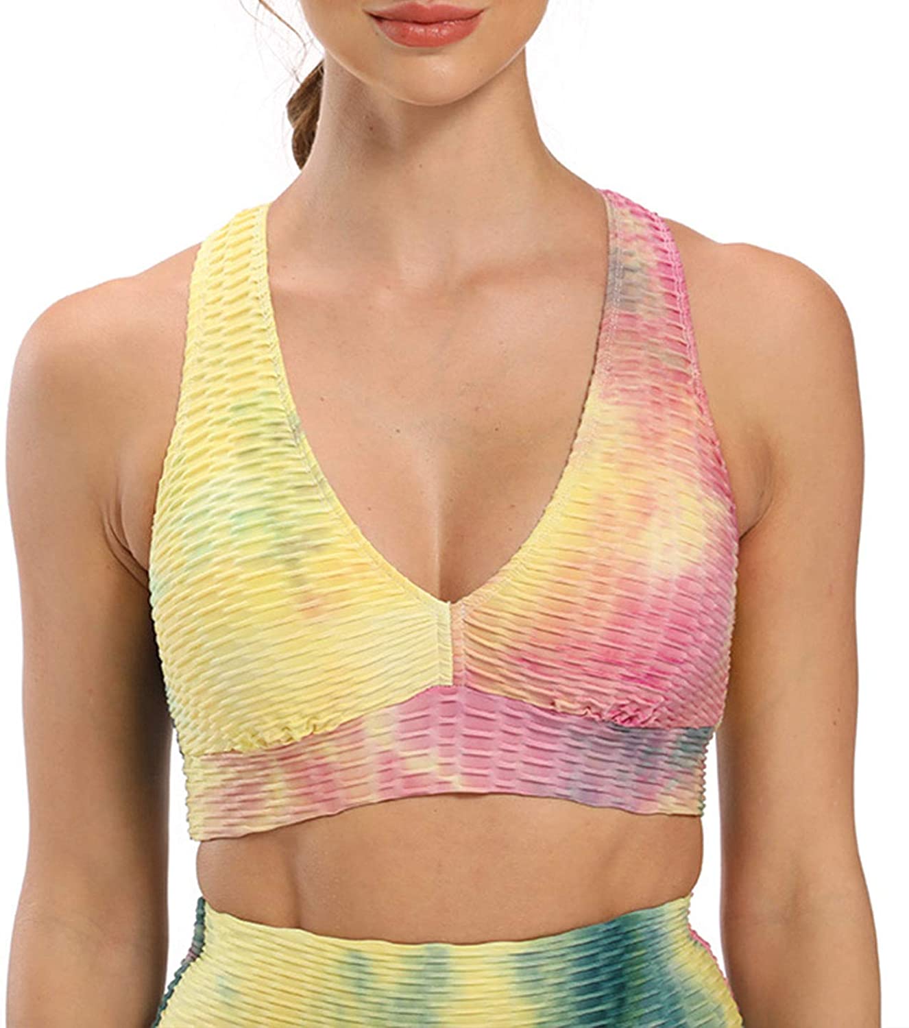 Price:$14.99    Tie Dye Sports Bra for Women, Criss Cross Back Padded Strappy Bralettes High Impact Removable Yoga Bra (Lake Blue, M)  Clothing