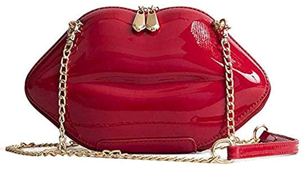 Price:$22.99 Women Lip Purse Evening Bag Clutch Leather Crossbody Shoulder Bags Vintage Purses And Handbag With Metal chain, Red, One Size  Handbags   