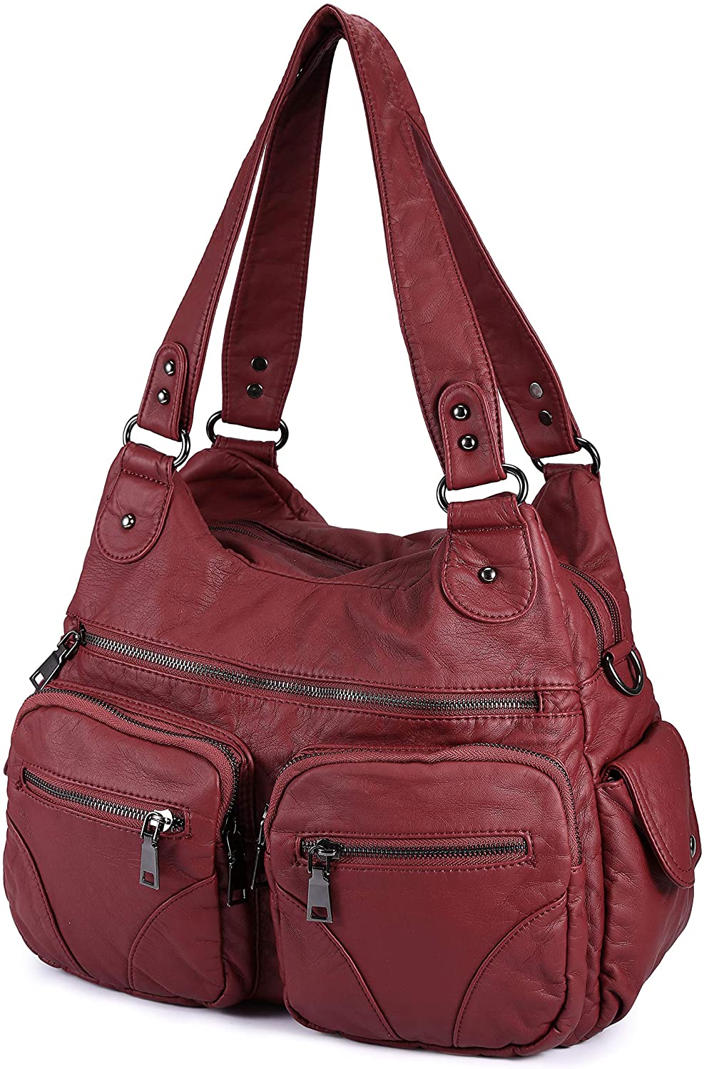 Price:$35.99    BAIGIO Women's Handbag Front Zippers Washed Leather Shoulder Bag Tote Bag Vintage Satchel Hobo Purse, Dark Red  Clothing