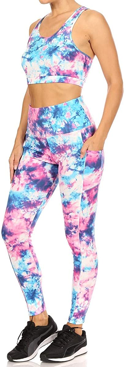 Price:$21.95 ShoSho Womens 2 Piece Sets Workout Outfit Sports Tops and Matching Butt Sculpting Yoga Leggings Tummy Control High Waist Pants Tie Dye Print Pink/Blue Medium at Amazon Women’s Clothing store