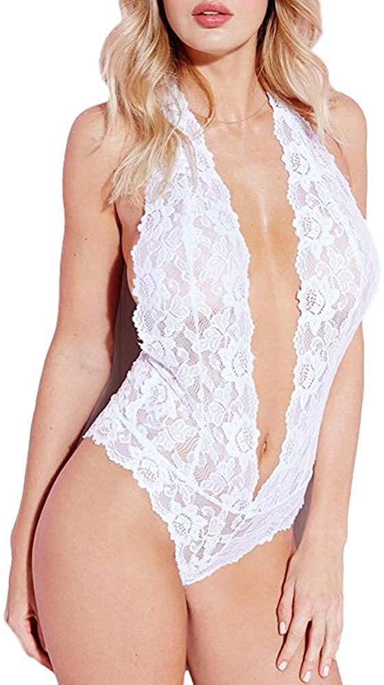 Price:$12.58 Womens Halter Lingerie Lace Teddy Bodysuit Nightwear Deep V Lace Babydoll Underwear Plus Size (L, White) at Amazon Women’s Clothing store