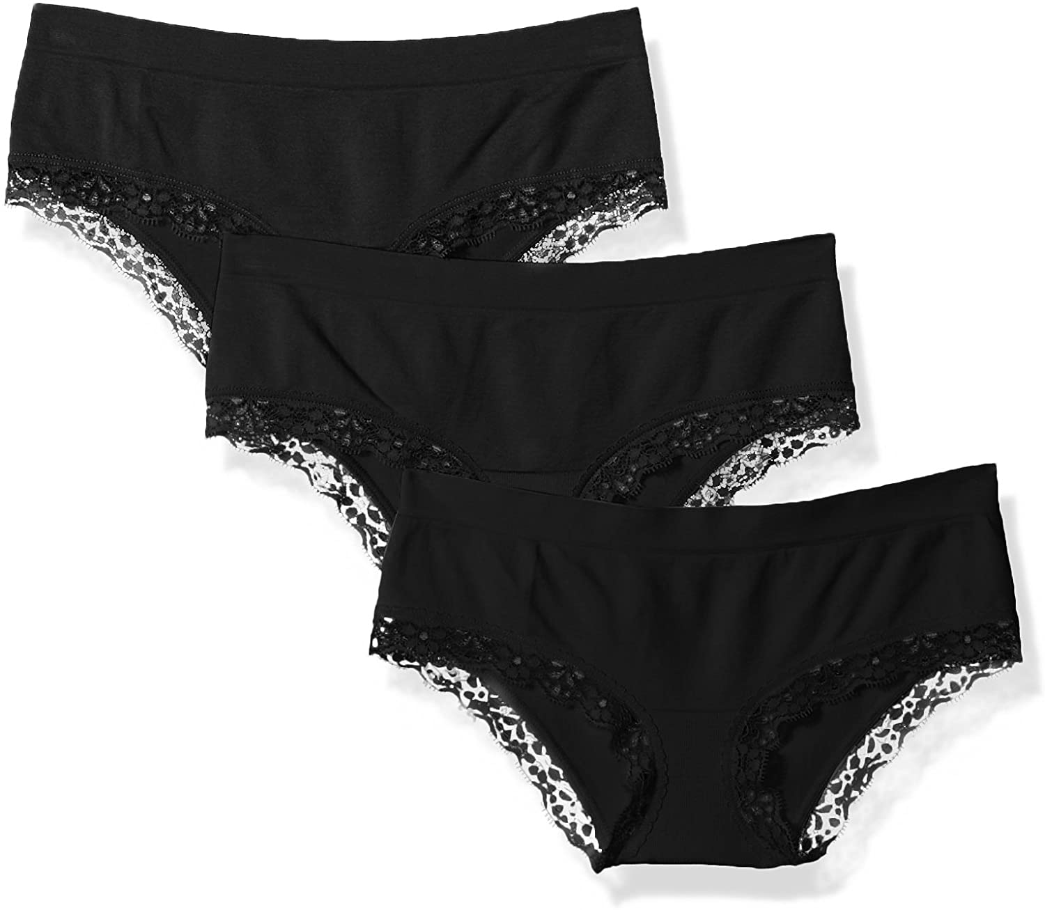 Price:$10.00    Amazon Brand - Mae Women's Seamless Hipster With Lace, 3 Pack, Black, X-Small  Clothing