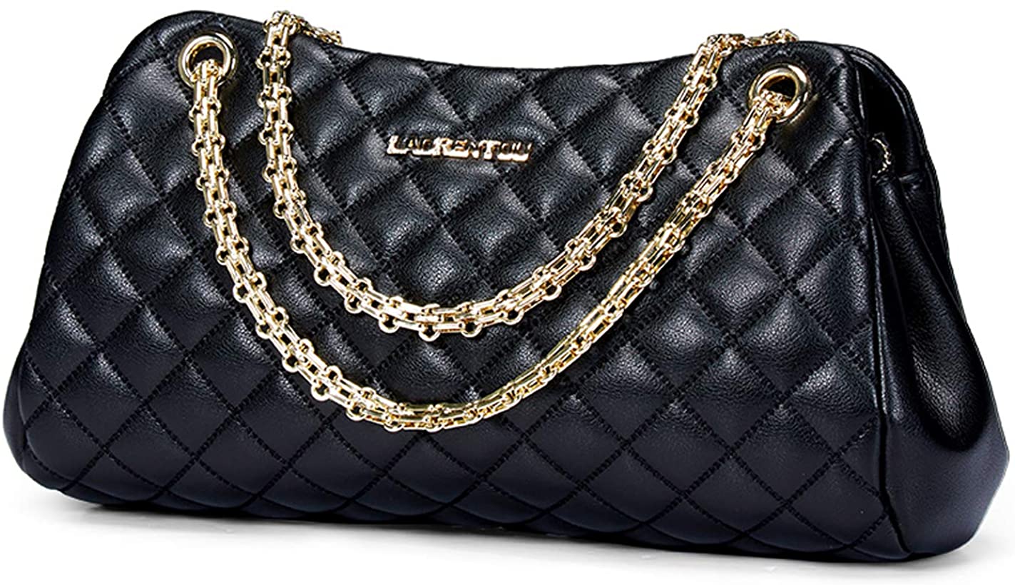 Price:$68.99 LAORENTOU Quilted Handbags for Women Cowhide Leather Shoulder Bags for Women Pillow-shape Purses Chain-strap Black  Handbags   