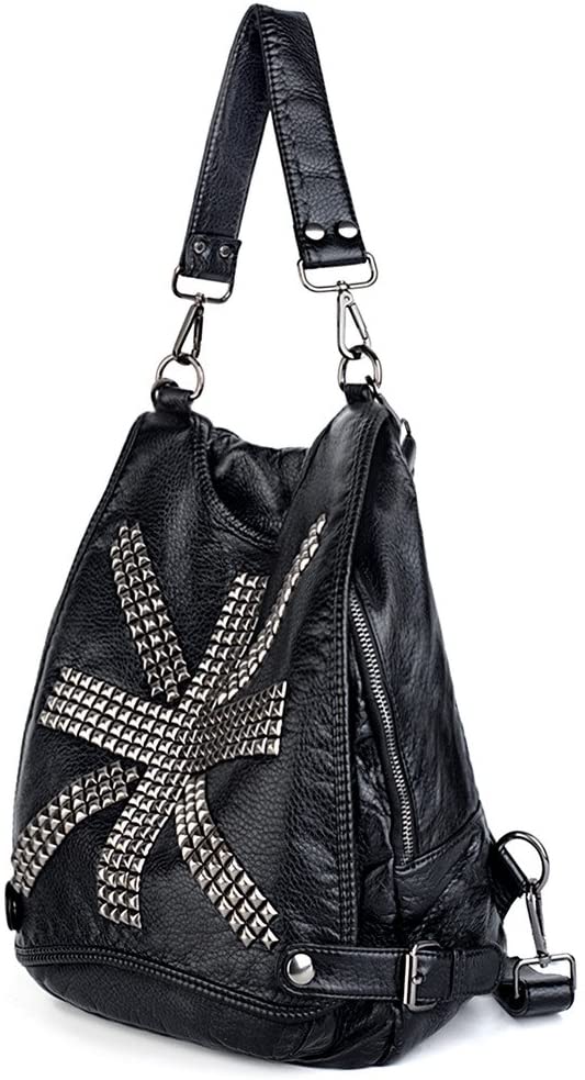 Price:$34.99    UTO Women Backpack Union Jack UK Flag Rivet Studded PU Washed Leather Purse Convertible Ladies Rucksack Shoulder Bag Black  Clothing