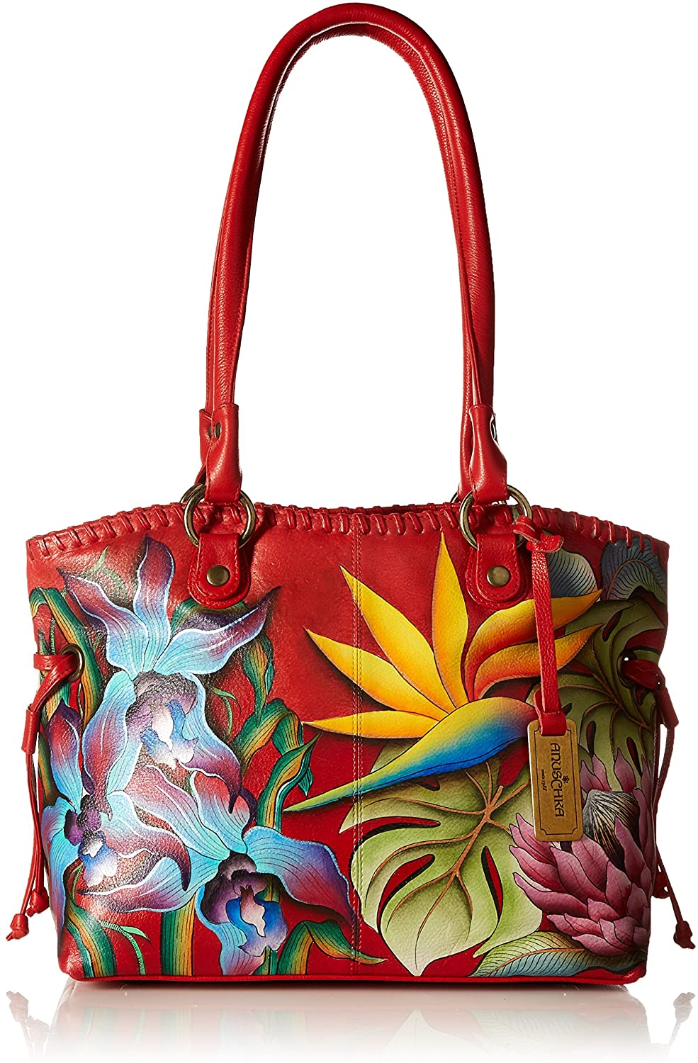 Price:$377.95    Anuschka Women’s Genuine Leather Drawstring Shopper Bag - Hand Painted Exterior - Island Escape  Clothing