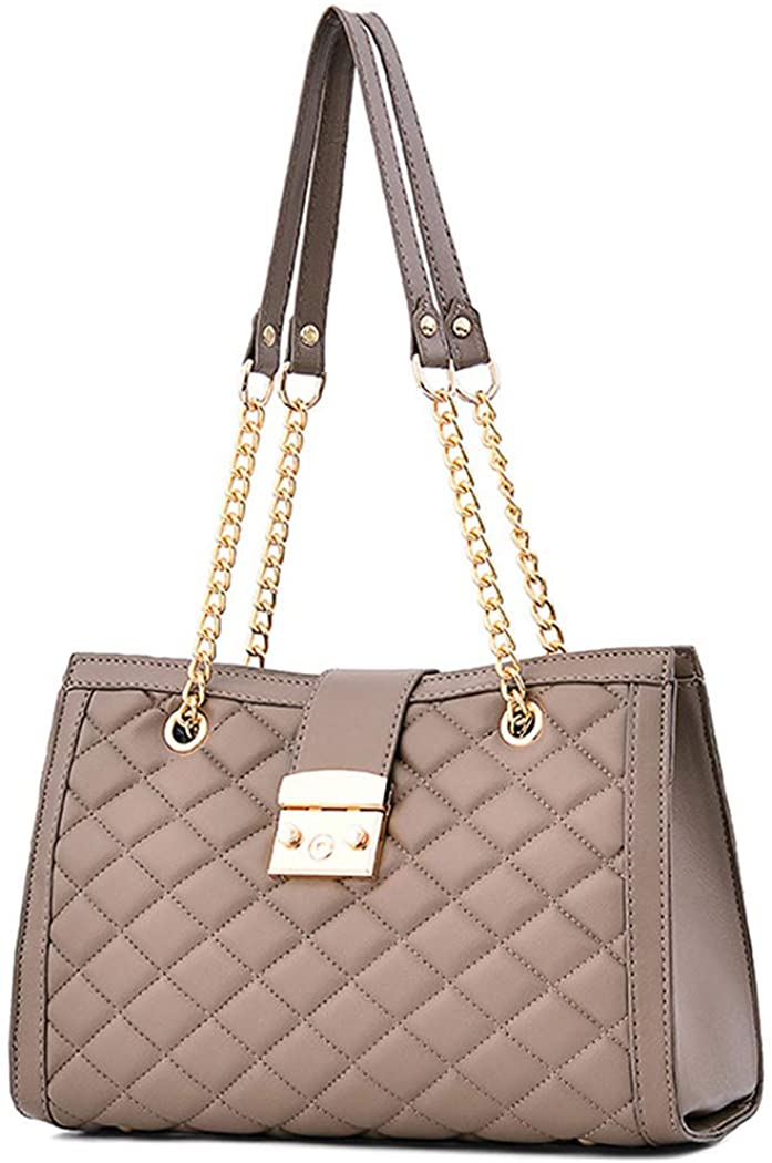 Price:$28.89    Fashion Leather Handle Satchel Handbag Shoulder Bag Tote Purse Quilted Designer with Chain Strap for Women, Khaki, Medium  Clothing