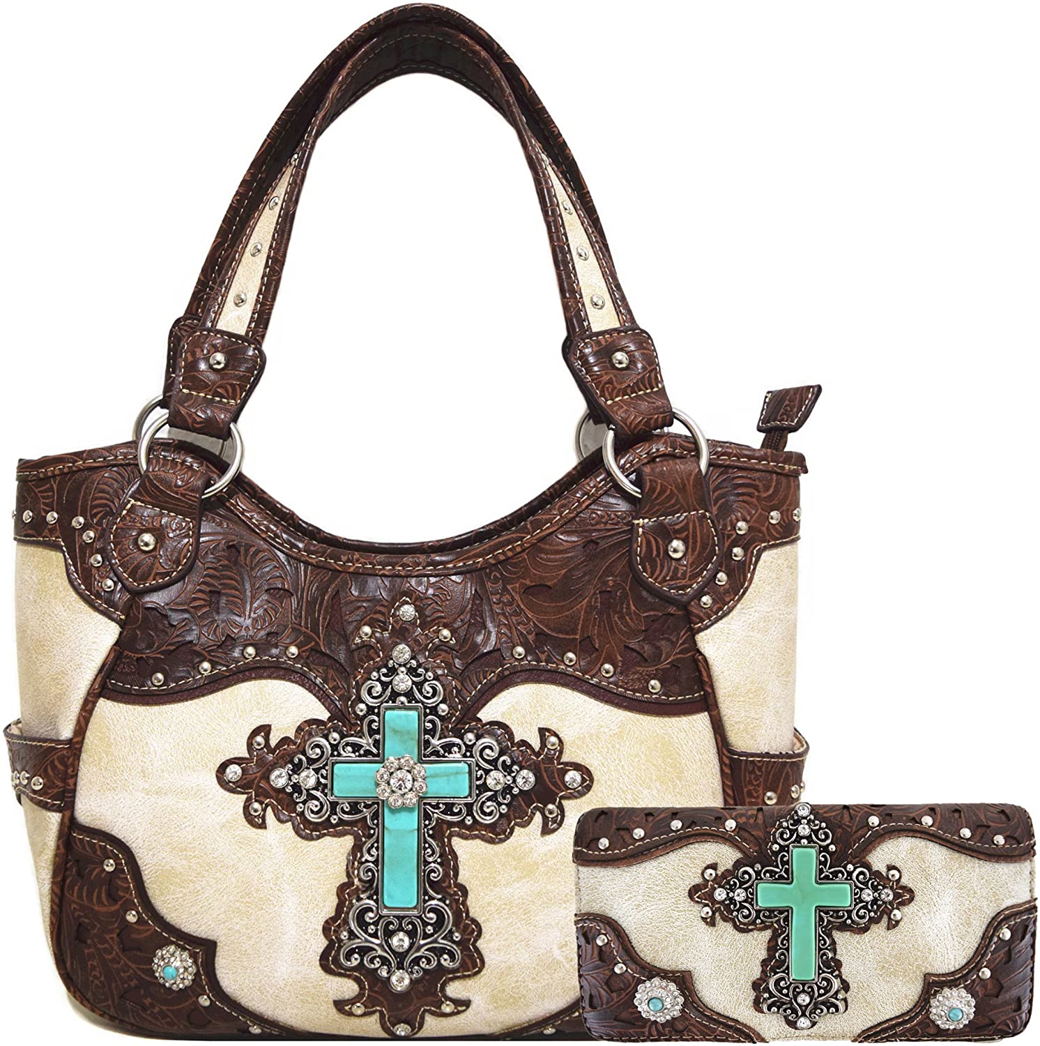 Price:$59.95    Western Rhinestone Cross Tooled Leather Totes Concealed Carry Purse Handbag Women Shoulder Bag Wallet Set (Beige #2)  Clothing