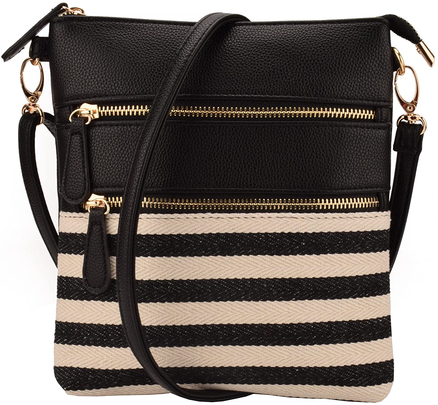 Price:$10.89 JIARUO Small Stripe Canvas patchwork leahter Women Crossbody bag handbag shoulder bag (black) Medium  Handbags   