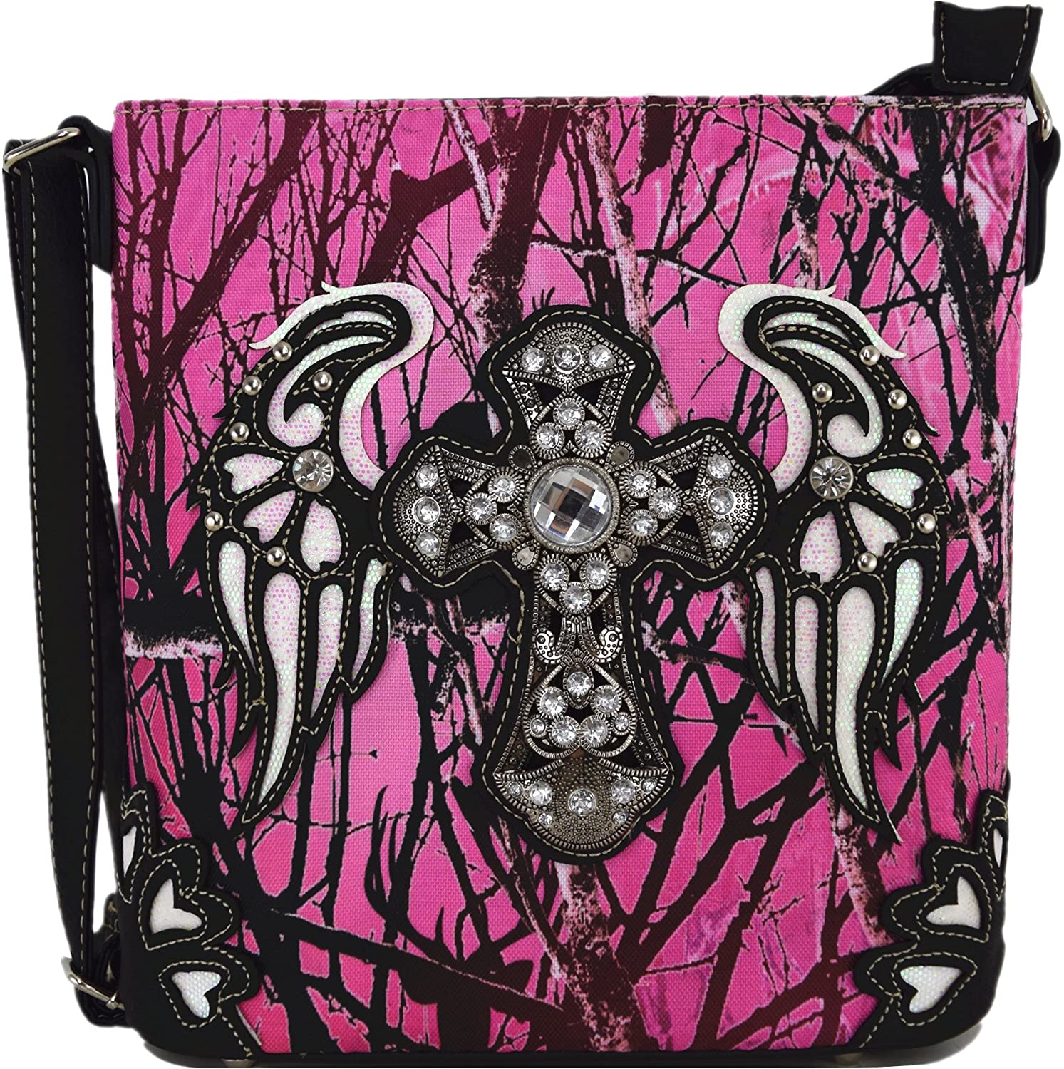 Price:$32.95 Camouflage Rhinestone Western Cross Body Handbags Concealed Carry Purse Country Women Single Shoulder Bag (Cross Pink)  Handbags   